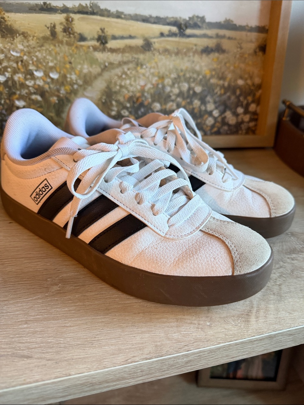 adidas White Sneakers with Black Stripes and Brown Sole